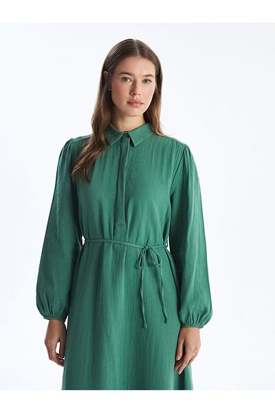 LC Waikiki LCW Modest Grünes Hemdkragen-Musselin-Damenkleid