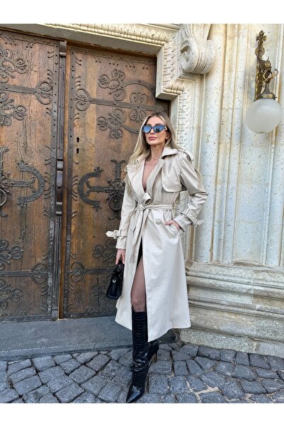 ByRanaBuyuk Bej Deri Kroko Trençkot