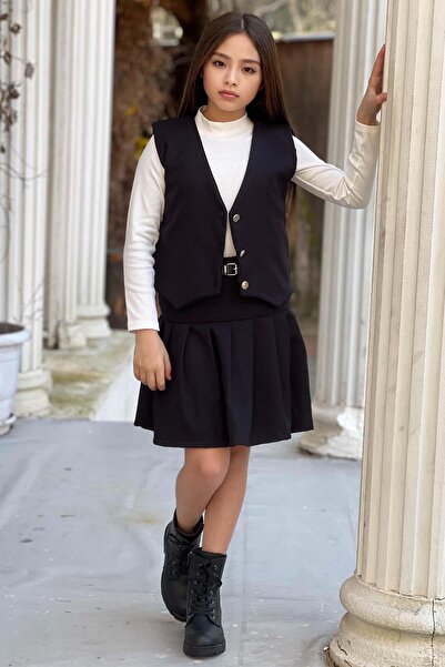 Riccotarz Pulover cu gât țesut pentru fetiță, cu decolteu în V, cu centură, cu pliuri, cu fustă neagră