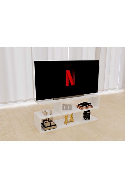 Mahmayi Modern TV Stand and Coffee Table with 2 Tier Storage Shelf, Monitor Stand for Home-PREMIUM WHITE