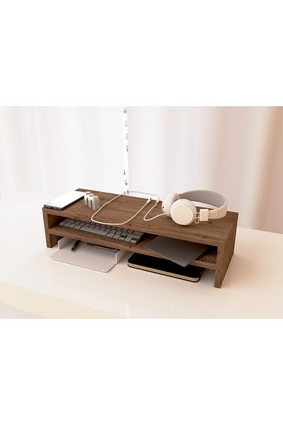 Mahmayi Wooden Riser Monitor Stand with 2 Tier Storage Shelf, Monitor Stand for Home-TRUFFLE DAVOS OAK