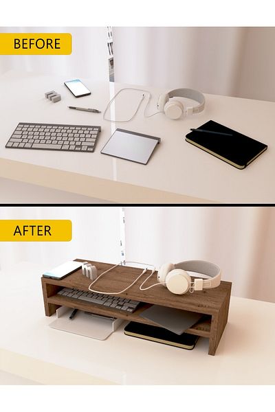 Mahmayi Wooden Riser Monitor Stand with 2 Tier Storage Shelf, Monitor Stand for Home-TRUFFLE DAVOS OAK