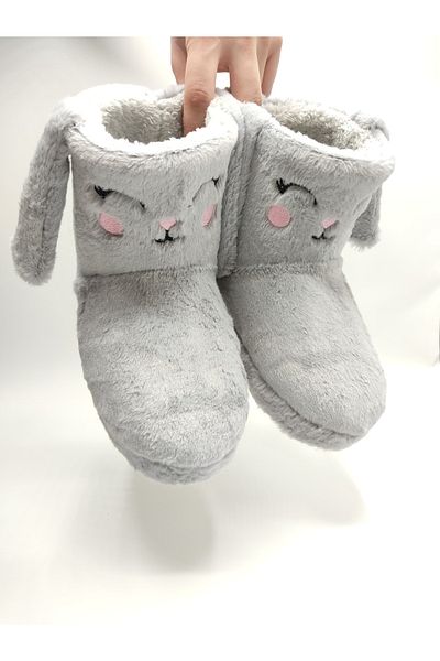 fluffy Κεντημένες βελούδινες γυναικείες μπότες για το σπίτι - ζεστό ύφασμα, αυτιά, χοντρές παντόφλες με θερμική σόλα