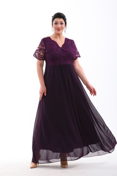 IŞILTI ROchie de seara din sifon cu dantela, cu decolteu dublu, maneca scurta...