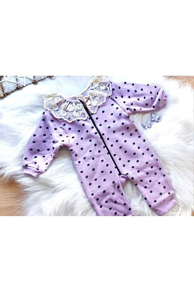 eladamoda Girl's Jumpsuit with Polka Dot Collar and Lace Detail (ROMPER)