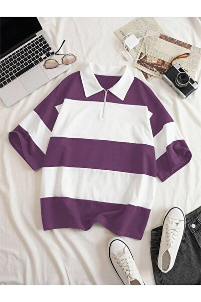 Altamira Μπλουζάκι Unisex Μωβ ριγέ Oversize Polo με μισό φερμουάρ