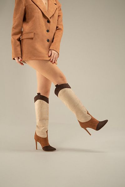 AYAKKABI PRENSİ Tan and Light Brown Suede Women's Boots, Heeled Boots