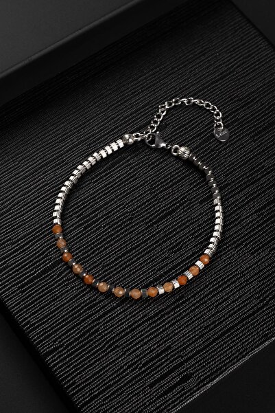 FRNCH 316L Çelik ve 3 MM Akik Doğal Taşlı Kahverengi Renk Erkek Bileklik FRJ1...