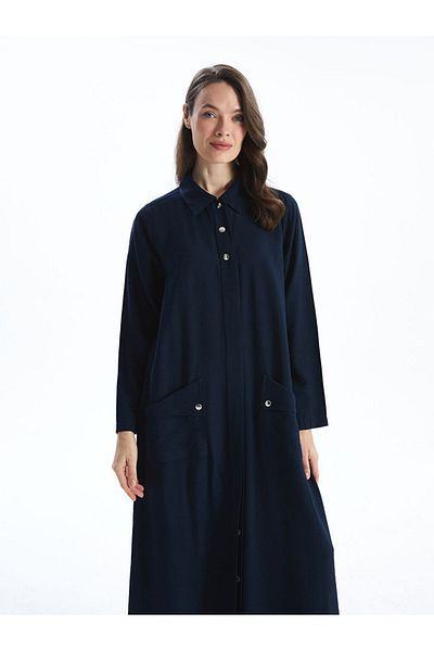 LC Waikiki Γυναικείο φόρεμα LCW Grace Navy Blue πουκάμισο με γιακά λινό look