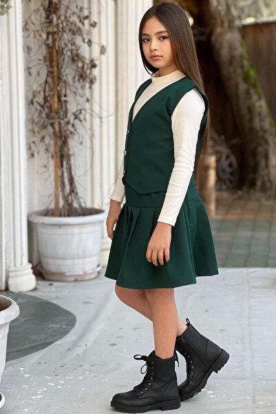 Riccotarz Pulover cu gât țesut pentru fete, cu decolteu în V, cu centură, cu pliuri, cu fustă verde