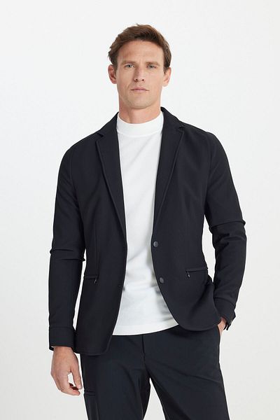 ALTINYILDIZ CLASSICS Men's Black Slim Fit Slim Fit Mono Neck Zipper Pocket Suit Jacket