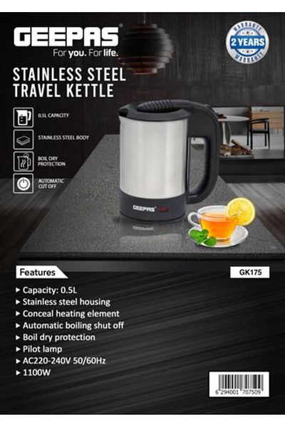 Geepas 0.5 L Stainless Steel Travel Kettle- GK175| 1100 W, Black and Silver Color