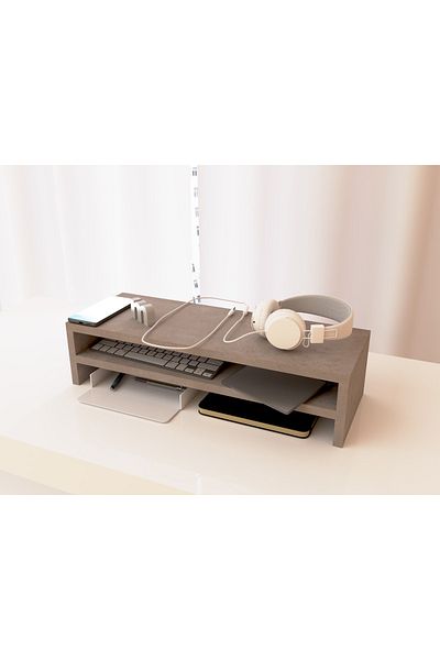 Mahmayi Wooden Riser Monitor Stand with 2 Tier Storage Shelf, Monitor Stand for Home Office-LIGHT CONCRETE