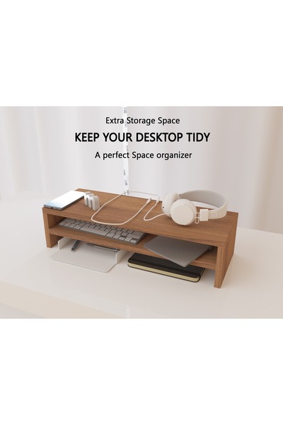 Mahmayi Wooden Riser Monitor Stand with 2 Tier Storage Shelf, Monitor Stand for Home-NATURAL DIJON WALNUT