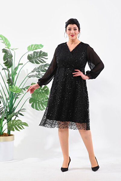 IŞILTI ABİYE PAYET KRUVAZE YAKA ŞİFON KOL DETAY ESNEK PAYET MİDİ ABİYE ELBİSE...