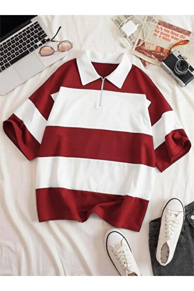 Altamira تي شيرت بولو كبير الحجم مخطط باللون العنابي للجنسين بنصف سحاب