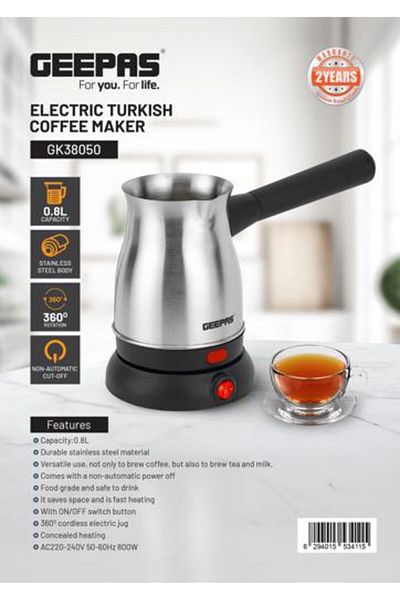 Geepas 0.8 L Electric Turkish Coffee Maker-  Stainless Steel Kettle with 360-Degrees Rotation