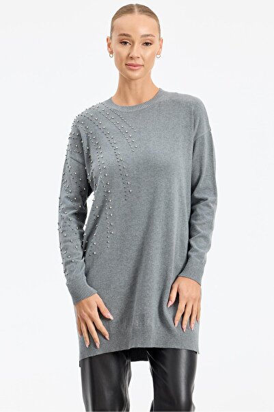 Tığ Triko Omuzu Ve Kolu Taş Detaylı Tunik GRİ MELANJ