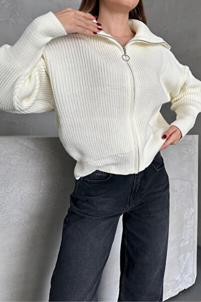 macharel jeans Ekru Devrik Yaka Fermuarlı Triko Hırka