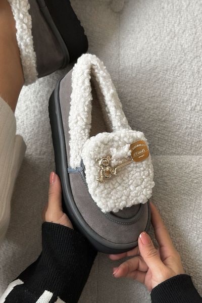 Shoebutik Mocasini de dama Teamo Gri Teddy Bear Catarama din blana