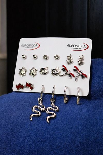 EUROMODA Snake Turtle Cat - Set of 9 with Designed Pearl Solitaire Ring and Ball Earrings