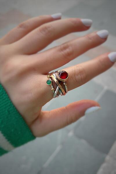 Erer Gümüş Gümüş kırmzı yeşil el işi otontik yüzük ek41r1s3