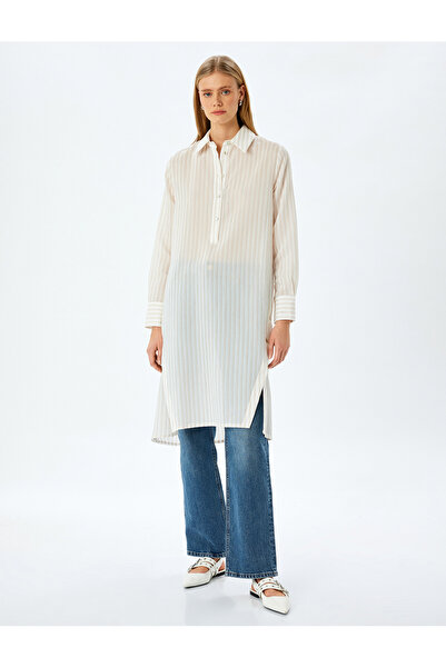 Koton Çizgili Gömlek Yaka Uzun Kollu Oversize Midi Tunik Elbise