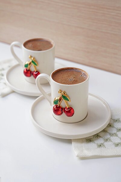 Ahinur Mutfak طقم أكواب بورسلين 100 مل مكون من قطعتين - طقم 4 قطع مع الكرز