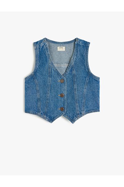 Koton Button Closure V Neck Cotton Crop Denim Vest