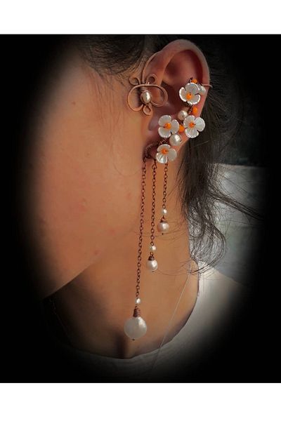 MODA Mother of Pearl Stone Ear Out Copper Wire Wrap Earrings