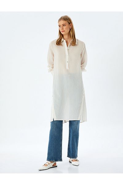 Koton Ριγέ πουκάμισο γιακά μακρυμάνικο Oversize Midi Tunic Φόρεμα