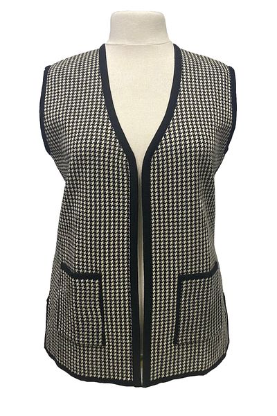 Giyinen Mağazaları Black Houndstooth Pattern Front Non-Closure Slit Double Pocket Knitwear Vest
