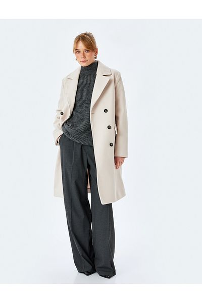 Koton Long Double Breasted Cashmere Coat with Buttoned Flap Pocket Detail