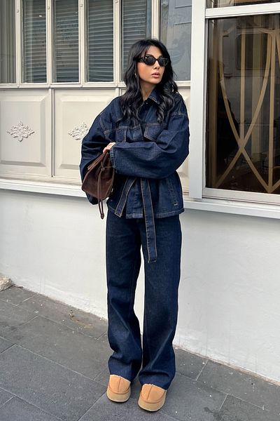 Seda Yalçın Atelier Dark Navy Waist Tie Denim Jacket Pants Set