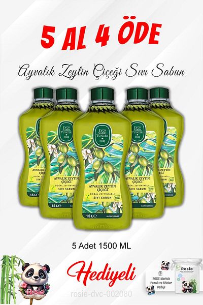 Eyüp Sabri Tuncer Ayvalık Olive Flower Liquid Soap - 1500 Ml, 5 Pack, Rosie Cotton