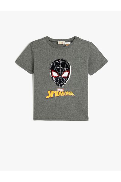 Koton Licensed Spider-Man Sequin Sequined T-Shirt - Short Sleeve, Crew Neck