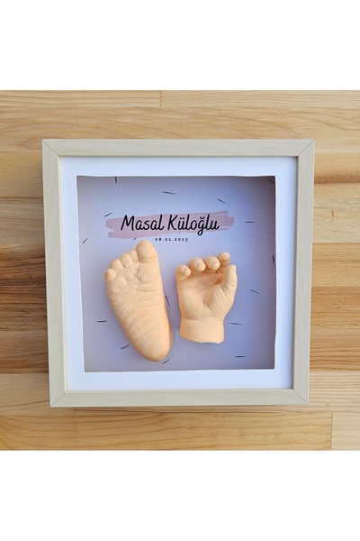 Benim İzim KİŞİYE ÖZEL İSİMLİ Meşe Çerçeve İle 3 Boyutlu El ve Ayak Heykel Kiti