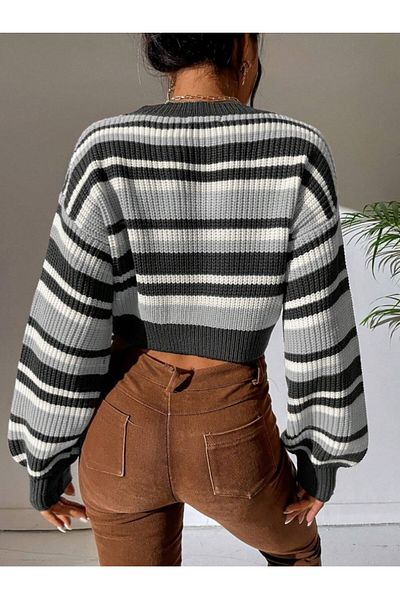 Dier Moda Pulover de damă cu dungi Selanik Knit Oversize Crop