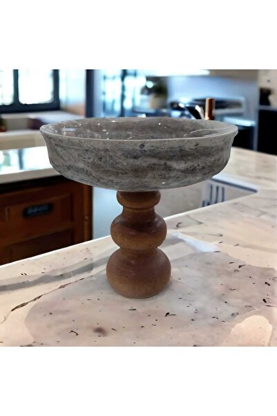 Sümeyra Marble Art Ασημένιο μπολ τραβερτίνης - Ασημένιο μπολ τραβερτίνης - Μπολ με ξύλινο πόδι