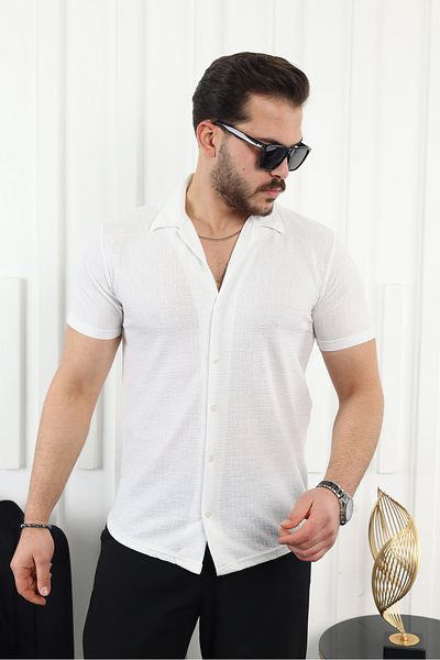 comstar Ανδρικό κοντομάνικο λευκό λινό πουκάμισο με μοτίβο