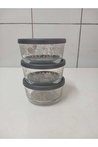 LAV Feyzade Round 3 Pieces Flower Patterned Anthracite Lid 800Cc Storage Container