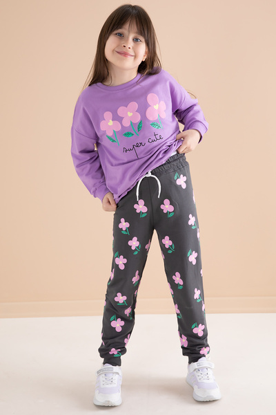 Cansın Mini Σετ αθλητικής φόρμας για κορίτσια με λιλά λουλούδια - Crew Neck 20145