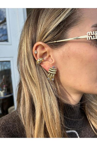 Jerie Gold Curved t Design Stone Detailed Brand Model Earrings