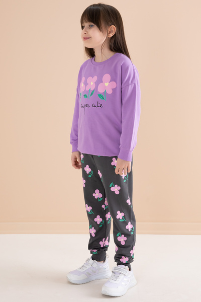 Cansın Mini Σετ αθλητικής φόρμας για κορίτσια με λιλά λουλούδια - Crew Neck 20145