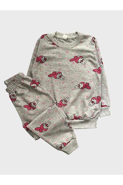 ALİŞ KİDS Girls' Cotton Gray Pink My Melody Character Patterned Long Sleeve Seasonal Pajamas Set