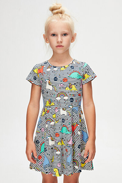 LOVETTI Rainbow Unicorn Kız Çocuk Desenli Kısa Kollu Elbise