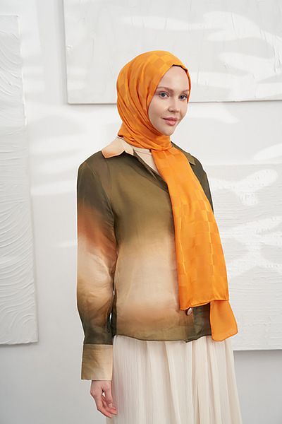 ARMANDA Orange Italian Jacquard Checkers Patterned Shawl