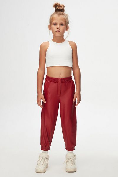 LOVETTI Red Girls' Winter Leather Trousers with Snap Fastener and Drawstring