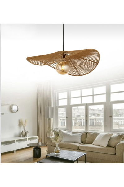 burenze Modern Tasarım Hasır Avize Rattan Boheme Avize Sarkıt 40 Cm Çap