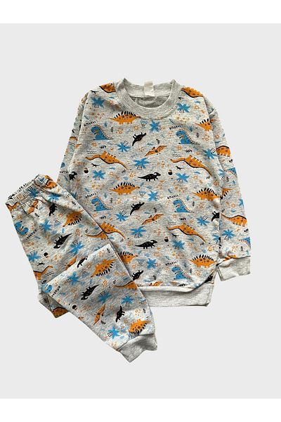 ALİŞ KİDS Boy's Cotton Gray Dinosaur Patterned Long Sleeve Seasonal Pajamas Set